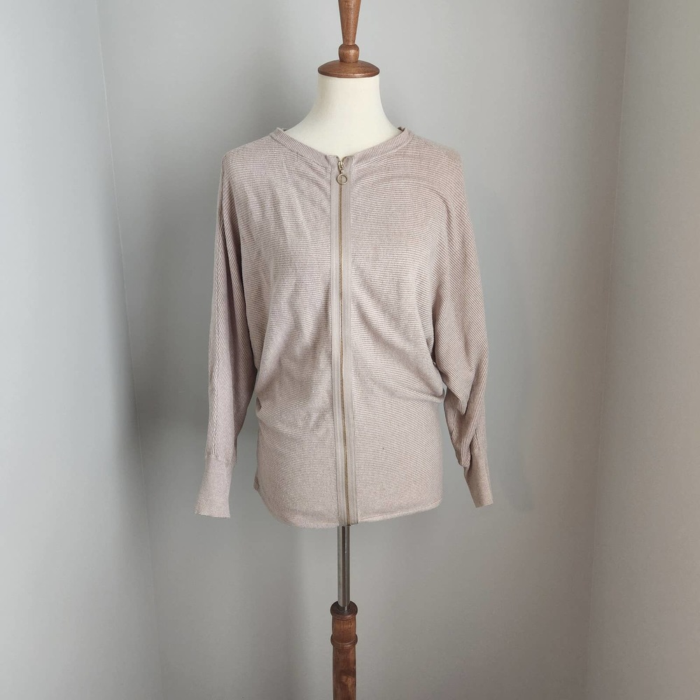 Beige Knit Zipper Cardigan